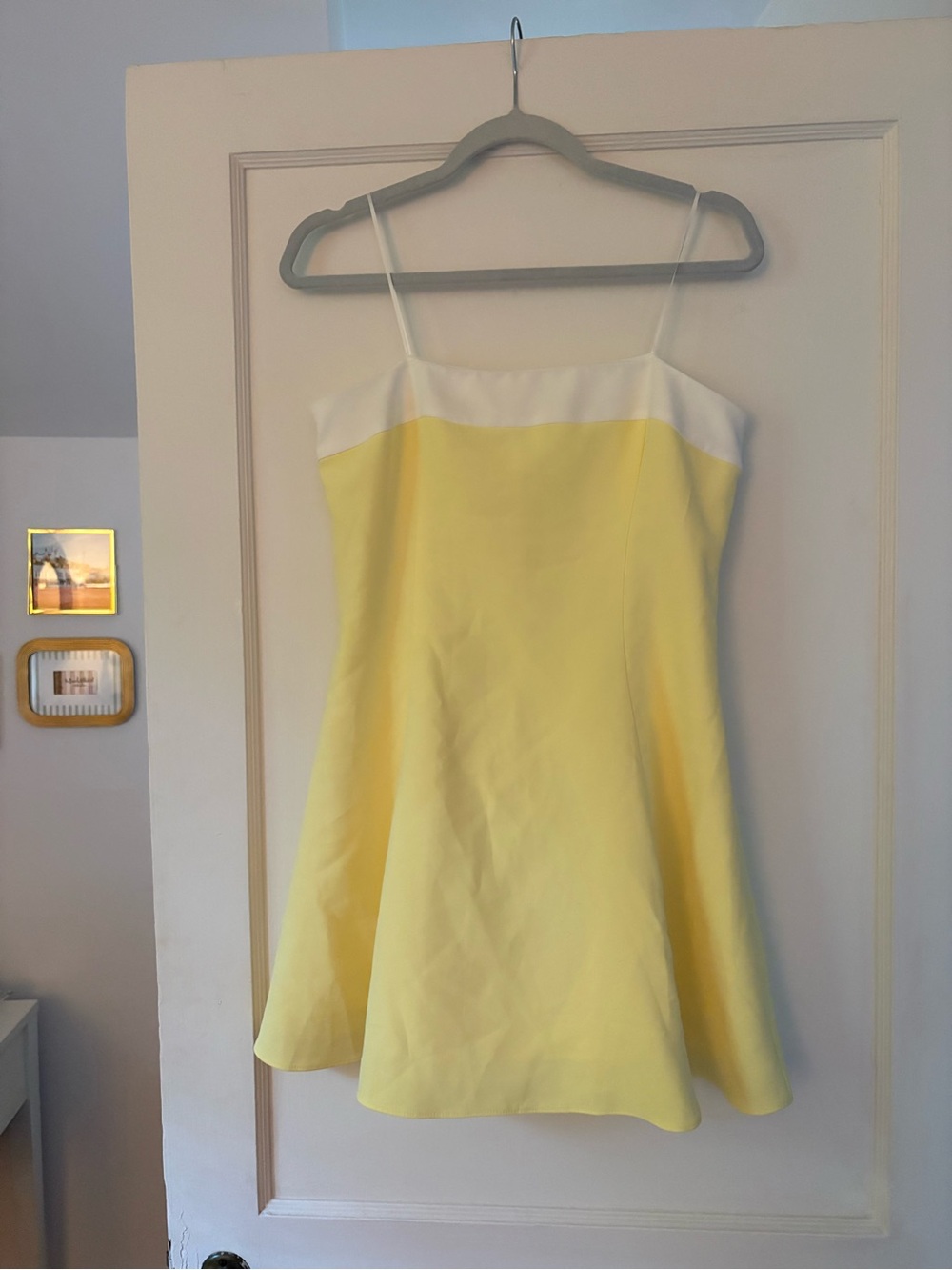 Amanda Uprichard Yellow and White Spaghetti Strap A-Line Dress